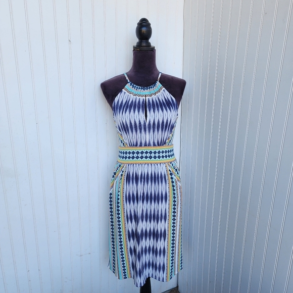 London Times Blue Orange Womens Sleeveless Pullover Halter Stretch Dress Sz 2 - Picture 1 of 13